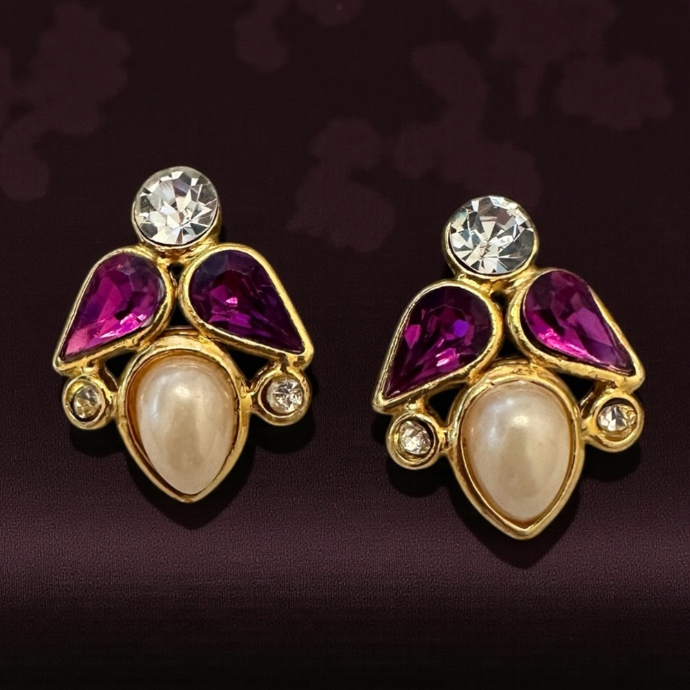 Stunning Vintage Purple Amethyst Rhinestone & Faux Pearl Cluster Angel Earrings
